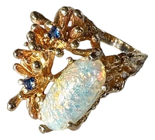 Vintage Panetta Brutalist Cocktail Ring With Large Opal and Sapphires - Size 5.75