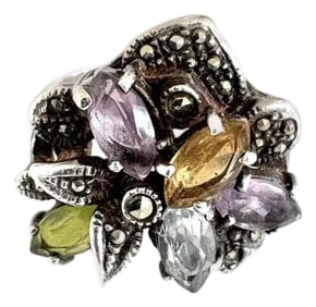 Vintage Sterling Silver Marcasite Cocktail Ring With Amethyst, Citrine, Peridot, and Pyrite Stones i