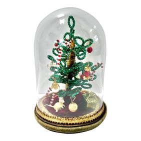 1970s Miniature Beaded Christmas Tree in Glass Dome Cloche