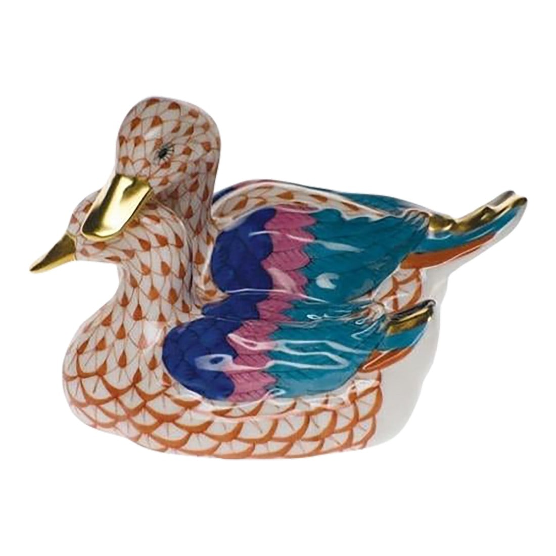 Herend Hungary Porcelain Small Pair of Twin Ducks With Rust Netting 24k Gold Accents: This marvelous pair of Herend ducks is created in gorgeous bisque porcelain, is hand-made and hand-painted with rust netting, blue, fuchsia and turquoise feathers. This lovely pair is embellished with