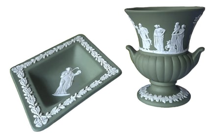 Vintage Wedgwood Jasperware Pieces "” Sage Green With White Relief Collection of Two