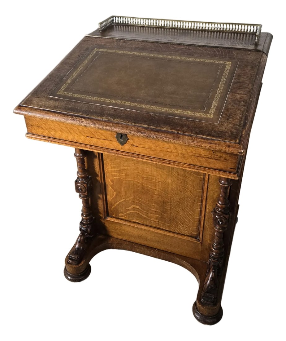 Victorian Leather Top Davenport Desk: Our latest estate features a wide selection of well cared for furniture like the gorgeous antique Davenport desk seen here, available for a limited time! The slanted surface lifts to show a storage ar