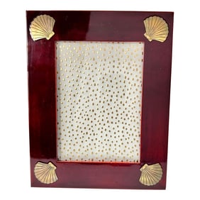 1980s Brass Inlay Seashell Wood Picture Frame - Coastal Clamshell Gold Motif