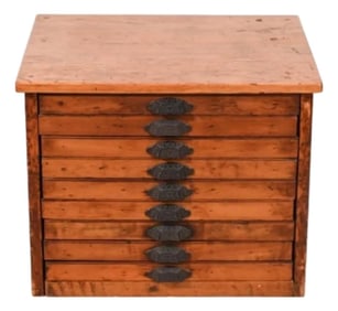 19th Century Oak Print Filing Cabinet With Drawers and Cast Iron Handles