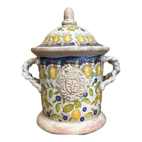 Hand Painted Majolica Lidded Jar Floral Italian Botanical Lemon Tree Design. Gorgeous!