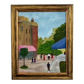 1990s Dolores Bartolo "Street Scene" Folk Art Painting