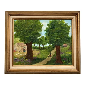 1990s Dolores Bartolo Folk Art Painting, Country Scene, Farmhouse