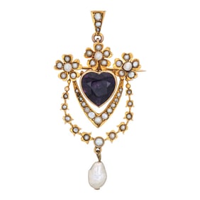 1900-1909 Antique Edwardian Pendant Brooch Amethyst Heart Pearl 9k Yellow Gold Jewelry
