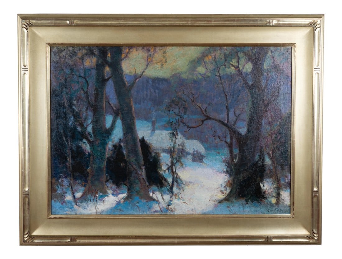 Winter Landscape Oil Painting by John Fabian Carlson, 1920's: Oil on canvas winter landscape by the renowned Swedish-born American Impressionist painter, John Fabian Carlson. Framed in a lemon gold molding. American, circa 1920. Condition: Alterations: Restored