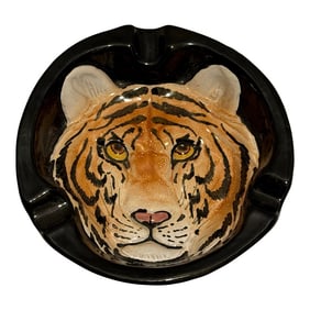 Stunning Vintage Mid-Century Italian Tiger Face Pottery Ashtray Catchall - Collectible Ceramic Dish
