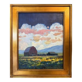 Original Montana Barn Landscape Oil Painting, Mountains Clouds and Barn Beauty.