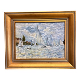 1980s Claude Monets the Boats: Regatta at Argenteuil 1875 by Carol Duncan Oil on Canvas Framed