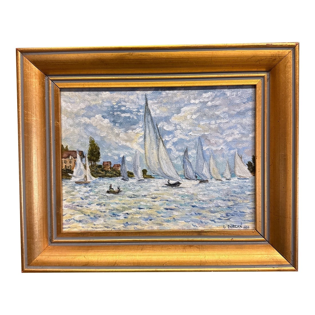 1980s Claude Monets the Boats: Regatta at Argenteuil 1875 by Carol Duncan Oil on Canvas Framed (1 of 9)
