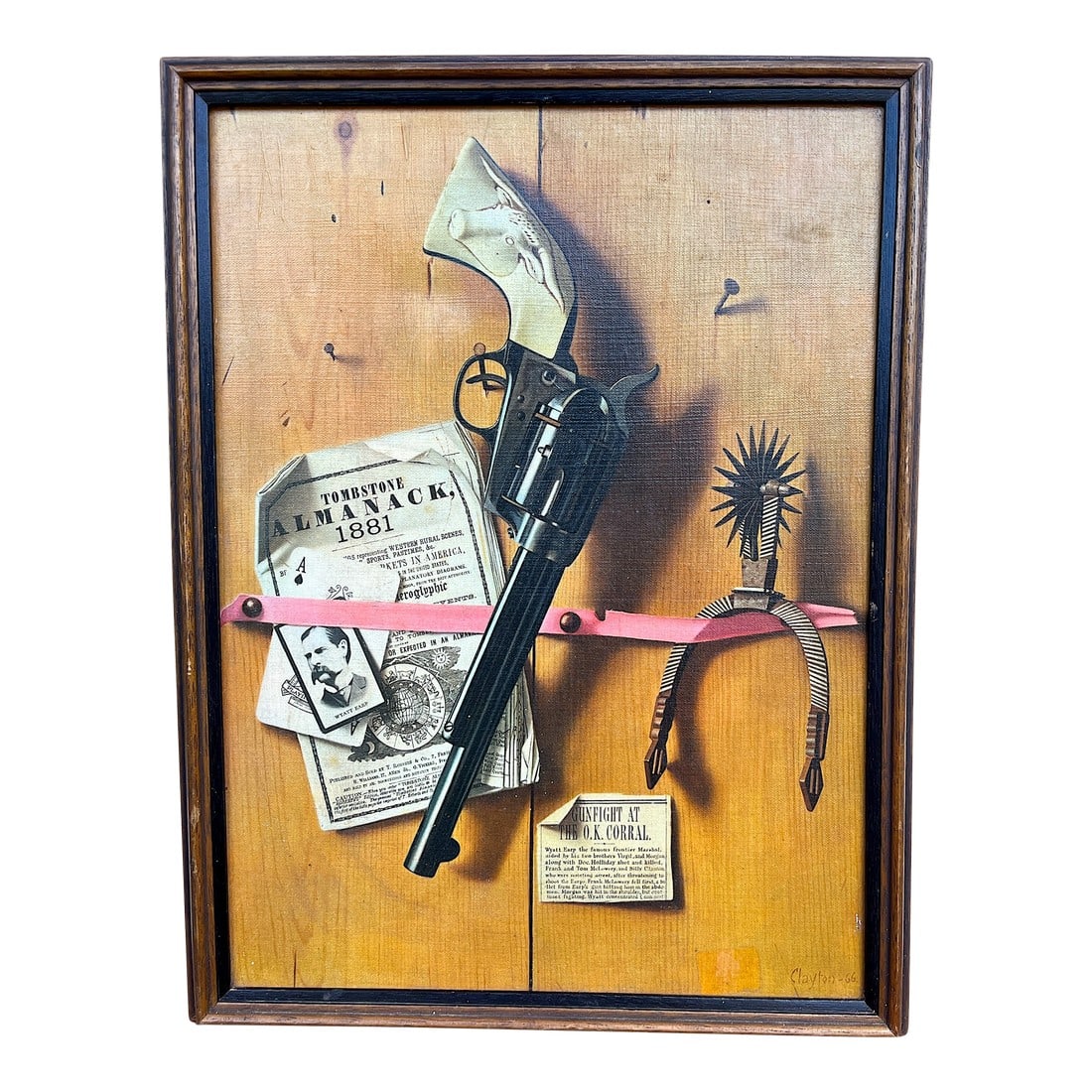 1960s American West–themed Trompe-L'Å“il Colt Revolver Print by William J. M.: Bring the drama, nostalgia, and rugged mythos of the Old West into your space with this striking 1966 trompe-l'Å“il print by artist William J. M. Clayton. Rendered in exceptional detail, th