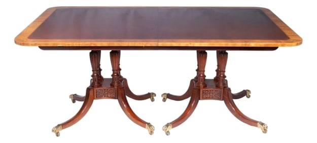 1980s Baker Historic Charleston Mahogany Two Pedestal Dining Table Satinwood Banding