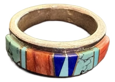 Late 20th Century Native American Style Ring Sterling Silver Multi-Gemstone Inlay Band, Size 7.75