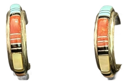 Late 20th Century Sterling Silver, Turquoise Coral Inlay Zuni Native American Earrings L. Bowannie