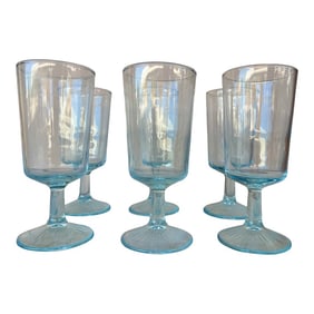 Vintage Mid Century Aqua Blue Tint Wine Goblets- 6
