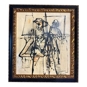 1940s Modernist Figurative Abstract Original Painting Framed