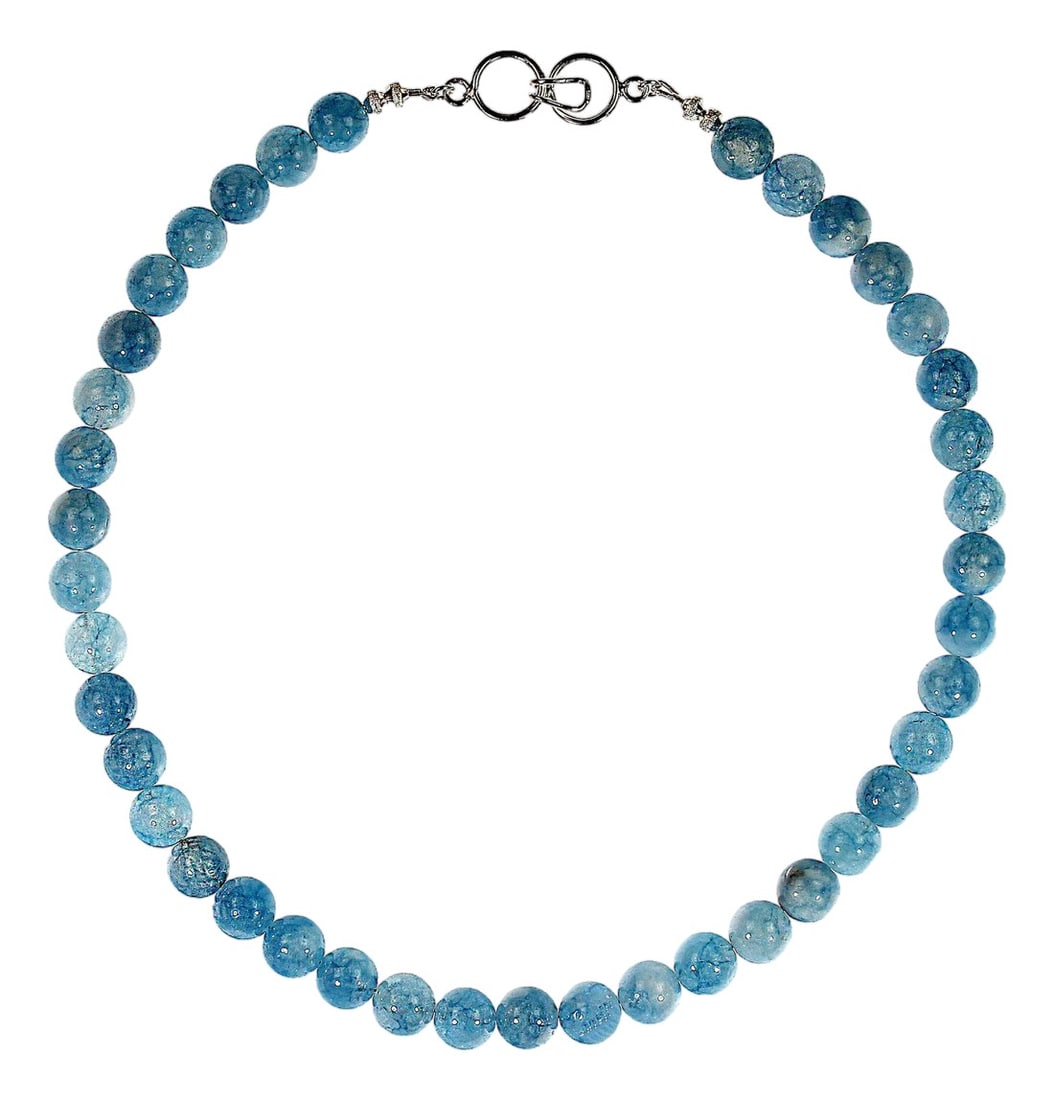 Ajd 18 Inch Translucent Blue Highly Polished Aquamarine Necklace: This exquisite 18-inch necklace showcases the timeless beauty of Aquamarine, the celebrated birthstone of March, in a design that radiates elegance and sophistication. Each bead measures a generous 10