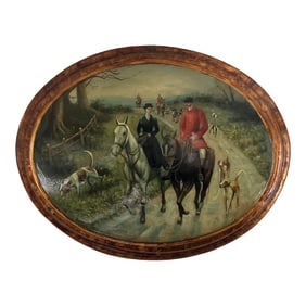 Vintage Convex Plaster Equestrian Hunt Scene – Oval Gilded Frame