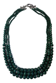 Late 20th Century Judith Ripka Triple Strand Graduated Malachite Beaded Necklace. 925 Sterling CZs