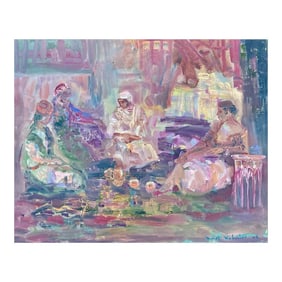 Vintage Oil Painting of Moroccan Women Having Tea by Murat Kaboulov 1939-2010