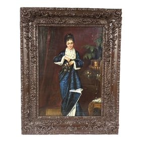 19th-C. American Portrait of a Lady in Blue – Oil on Canvas – Restored Antique Frame