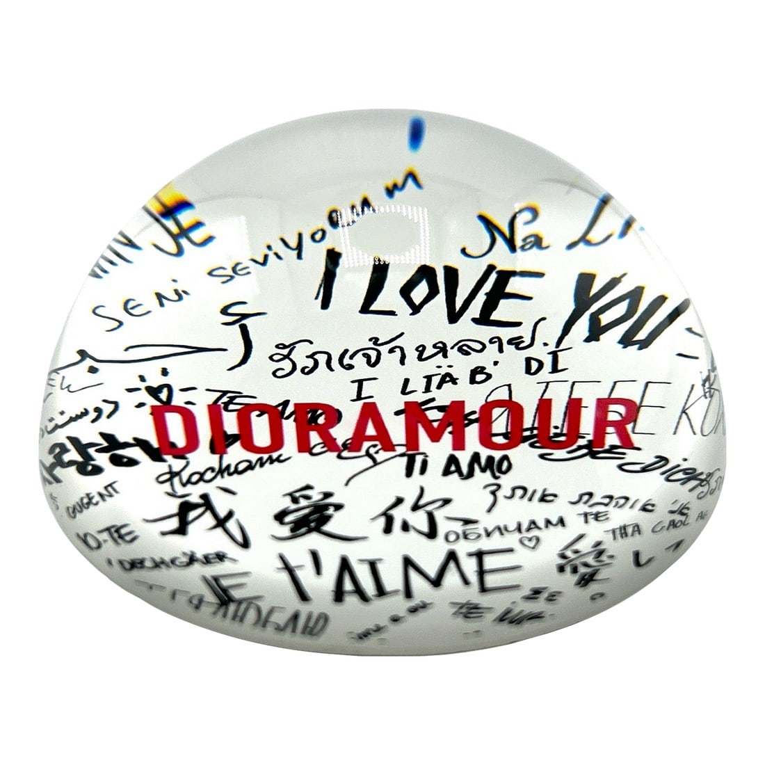 Christian Dior Dioramour "I Love You" Glass Paperweight: Rare find from Dior- Dioramour glass paperweight with a velvet/felt bottom stamped Dior in silver writing. Measures 3.5"" diameter. Condition: Alterations: Original Condition Unaltered Imperfections: