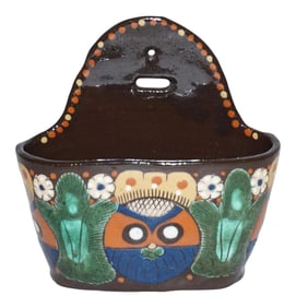 Antique Swiss Arts & Crafts Brown Green Blue Thoune Majolica Note/Match Holder