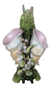 Antique Majolica Naturalistic Seashell & Floral Triple Vase Form Sculpture