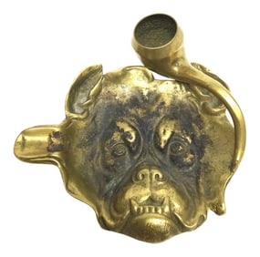 Antique Victorian Solid Brass Carved Bulldog Ashtray Match Holder