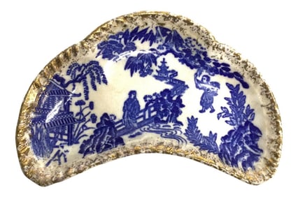 Antique Blue Willow Crescent Shaped Trinket Dish