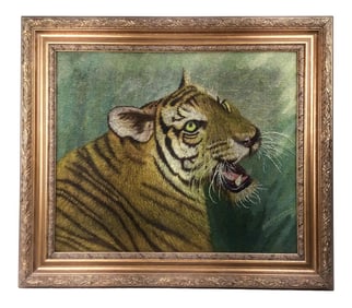Tiger Head Intricate Needlepoint Victorian Framed Artwork