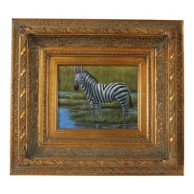 Framed Oil Painting of Zebra on Canvas