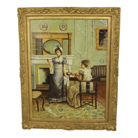 Vintage Framed Oil Painting on Canvas ~ 2 Victorian Girls