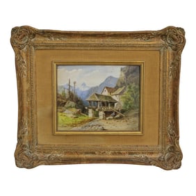 Artist Signed Mountain Scene Framed Oil Painting on Porcelain C.1878