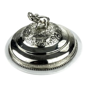 Silver Plate Heavy Elephant Lid With White Porcelain Serving Dish