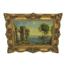 Mediterranean Coastal Scene Framed Oil Painting on Canvas
