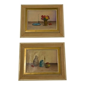 Original Vintage Pair of Miniature Still Life V. Weley Paintings