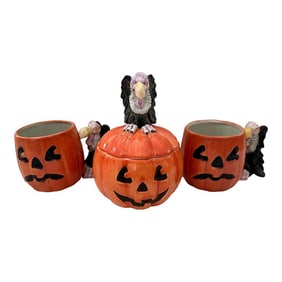 Fitz & Floyd Jack-O-Lantern/Vulture Mugs W/Sugar Dish-A Set