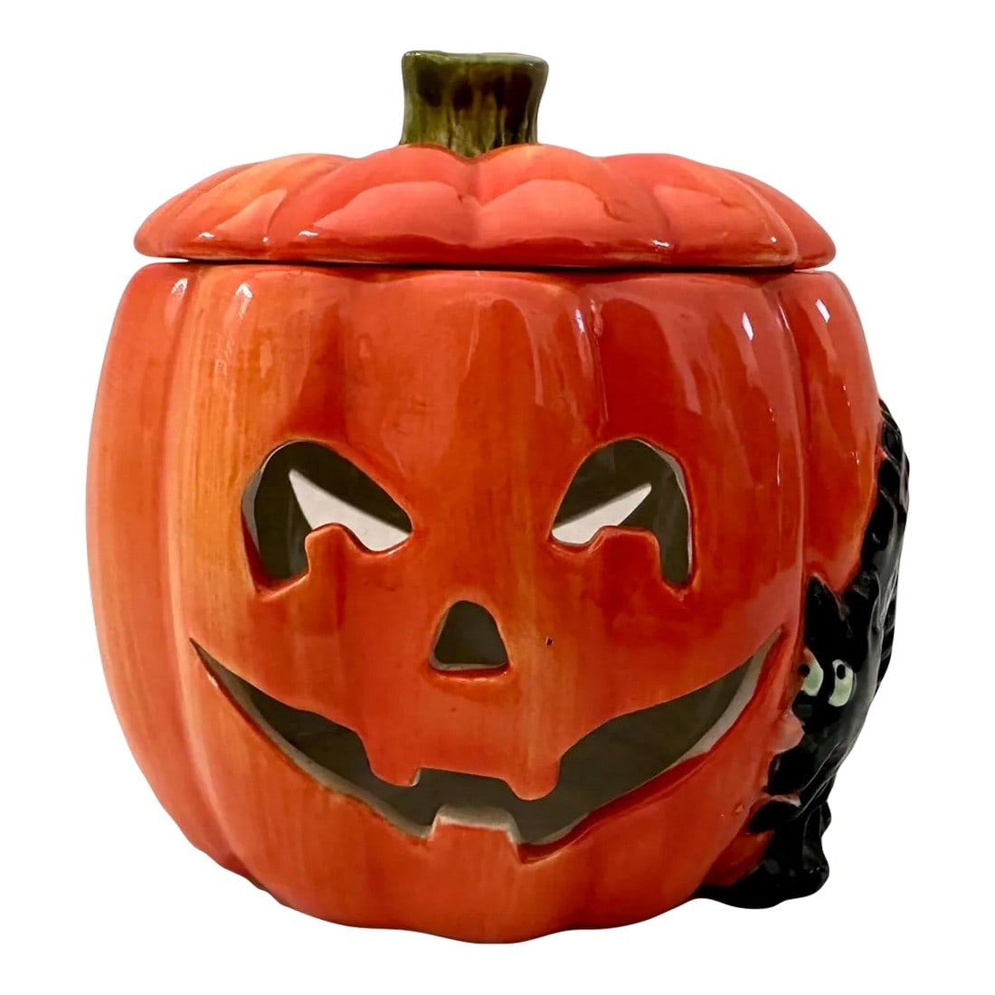 Fitz & Floyd Jack-O-Lantern Potpourri Simmer/Warmer Stand-A Set: Fitz & Floyd Potpourri Simmer w/Warmer Stand. Great for the entryway or guest bath. 4x4 potpourri dish-pumpkin with black cat 3.25x3.25 stand-green with black cat can be used separately Make sure to f