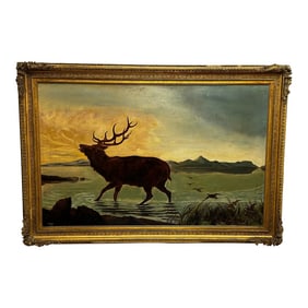19th Century Oil Painting Wild Stag Male Deer Scottish Highlands Wading Loch Lomond Dated 1880