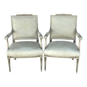 Louis XVI Maison Jansen Style Leather Arm Chairs-A Pair