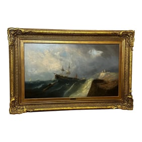 Mid 19th Century Huge British Oil Painting Floundering Ships Awaiting Rescue by William Henry Willia