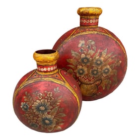 Vintage Hand Painted Rajasthani Metal Vase-Pair