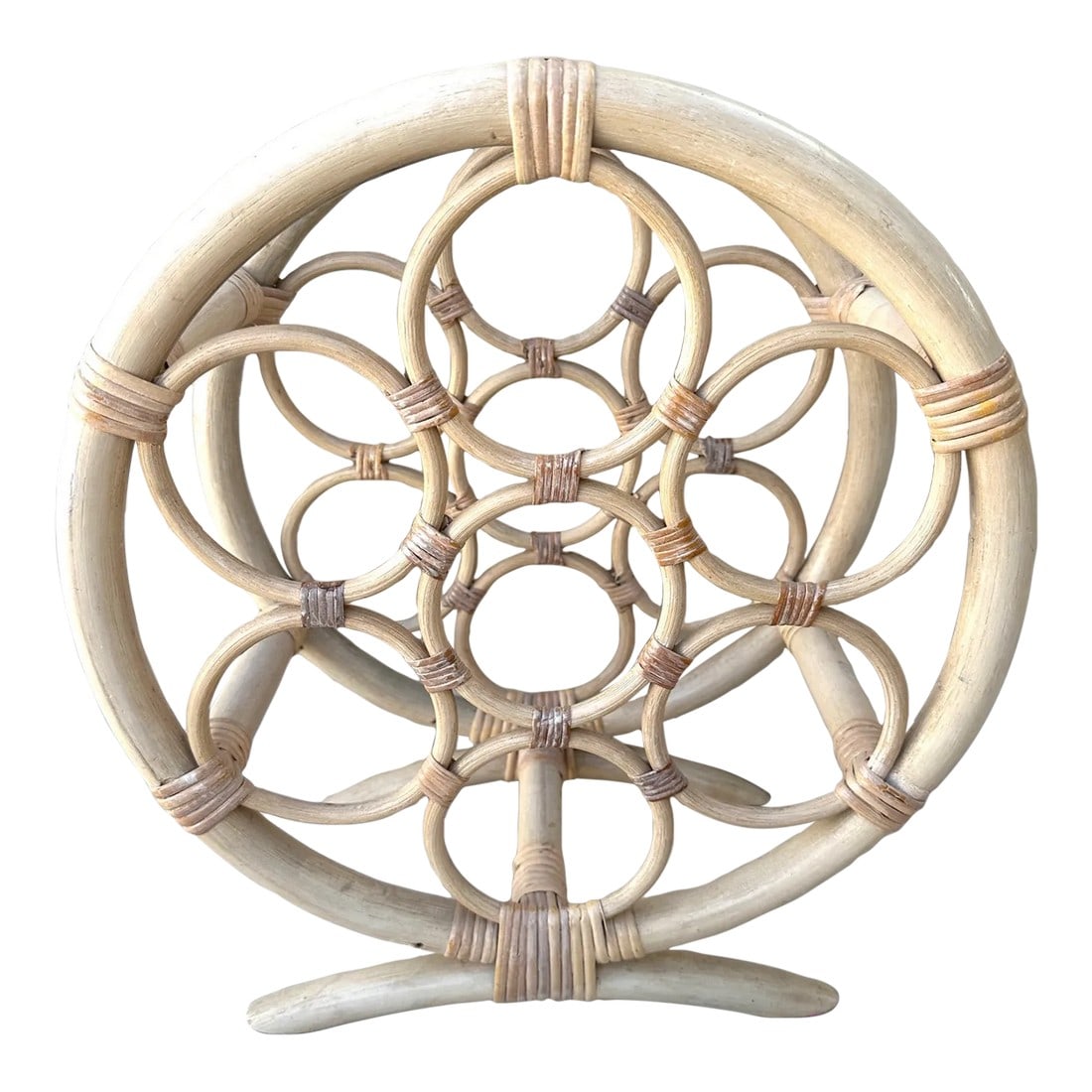 Vintage Bamboo/Rattan Round Wine Holder: Vintage Bamboo/Rattan 7 Bottle wine holder. White wash look. Great for storing wine or even Hand towel etc. 18.5in h x 16.25in w x 8.5in d Make sure to follow me, I have flash sales for my followers o