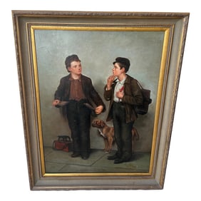 Large Oil on Canvas of Shoe Shine Boys Signed Edwards