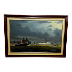 British Oil Painting of Alca Passenger Cargo Ship Yeoman Line & Steam Ferry Boat Claughton in Liverp