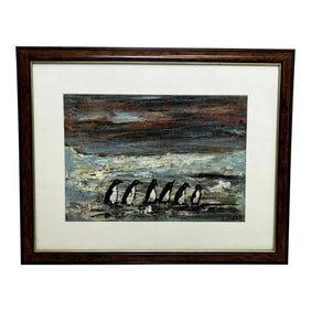 1970s British Impressionist Oil Painting Winter Waddle Group Black and White Polar Penguins in Antar